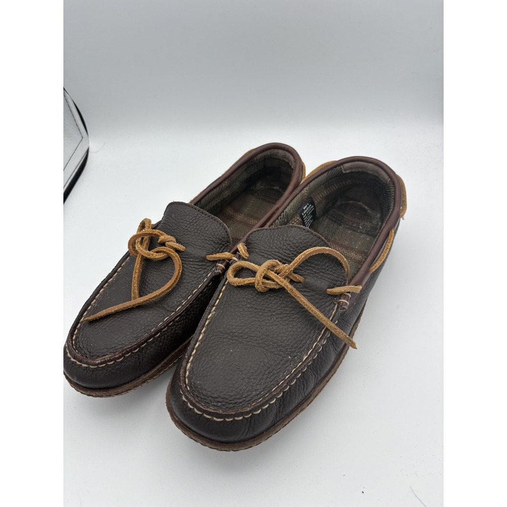 L.L. Bean Slippers Mens Size 9 Brown Leather Moccasin Plaid Flannel Lined Indoor